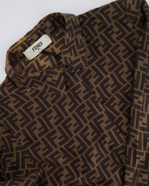Fendi Brown Silk FF Logo All Over Cropped Shirt Size IT 38 (UK 6)