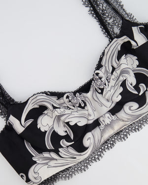 Versace Black and White Baroque Print Bralette with Lace Trim Detail Size IT 46 (UK 14)