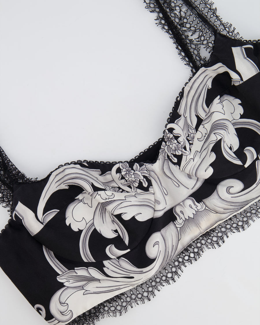 Versace Black and White Baroque Print Bralette with Lace Trim Detail Size IT 46 (UK 14)