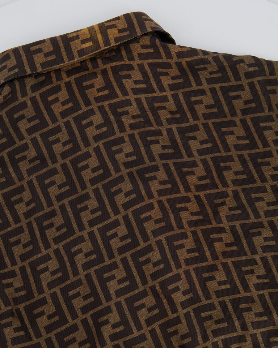 Fendi Brown Silk FF Logo All Over Cropped Shirt Size IT 38 (UK 6)