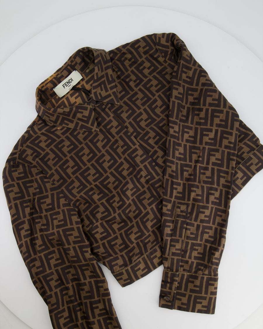 Fendi Brown Silk FF Logo All Over Cropped Shirt Size IT 38 (UK 6)