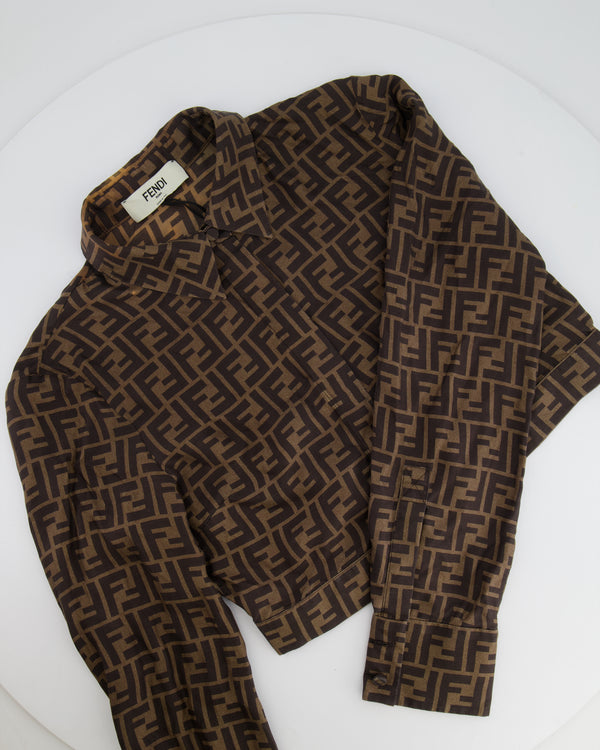 Fendi Brown Silk FF Logo All Over Cropped Shirt Size IT 38 (UK 6)