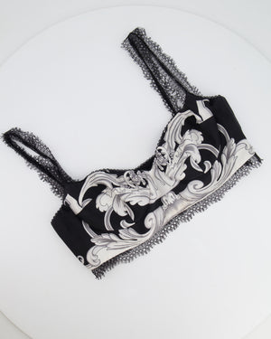 Versace Black and White Baroque Print Bralette with Lace Trim Detail Size IT 46 (UK 14)