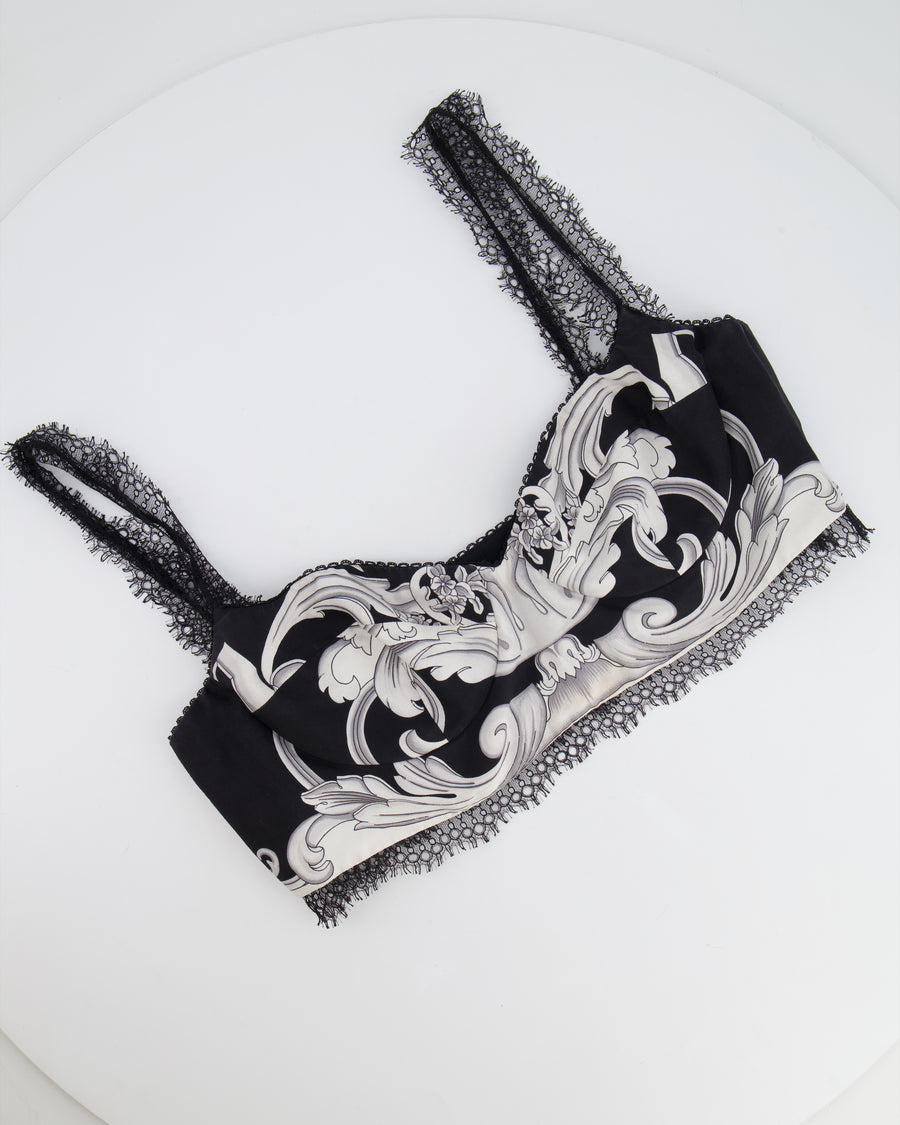 Versace Black and White Baroque Print Bralette with Lace Trim Detail Size IT 46 (UK 14)