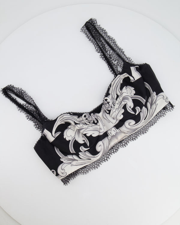 Versace Black and White Baroque Print Bralette with Lace Trim Detail Size IT 46 (UK 14)