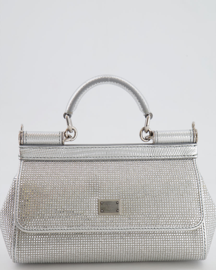Dolce & Gabbana Silver Crystal Mini Sicily Top Handle Bag