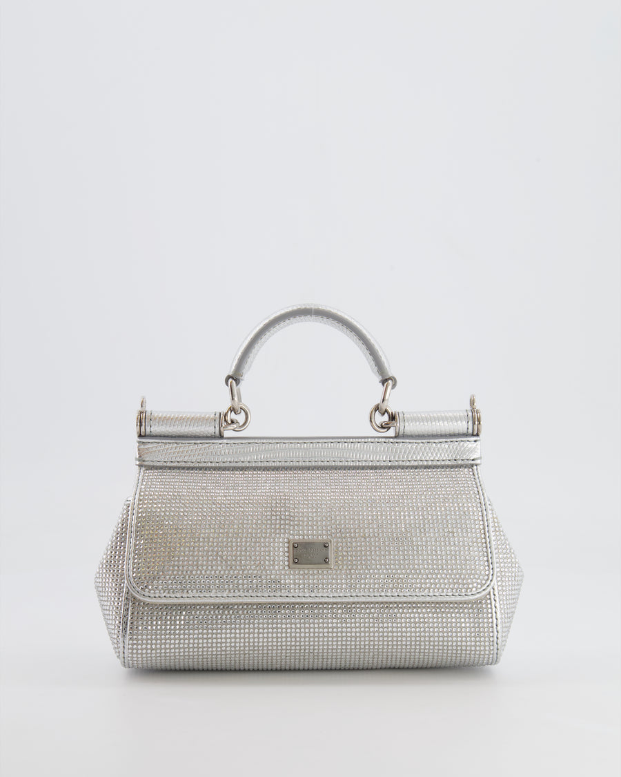 Dolce & Gabbana Silver Crystal Mini Sicily Top Handle Bag