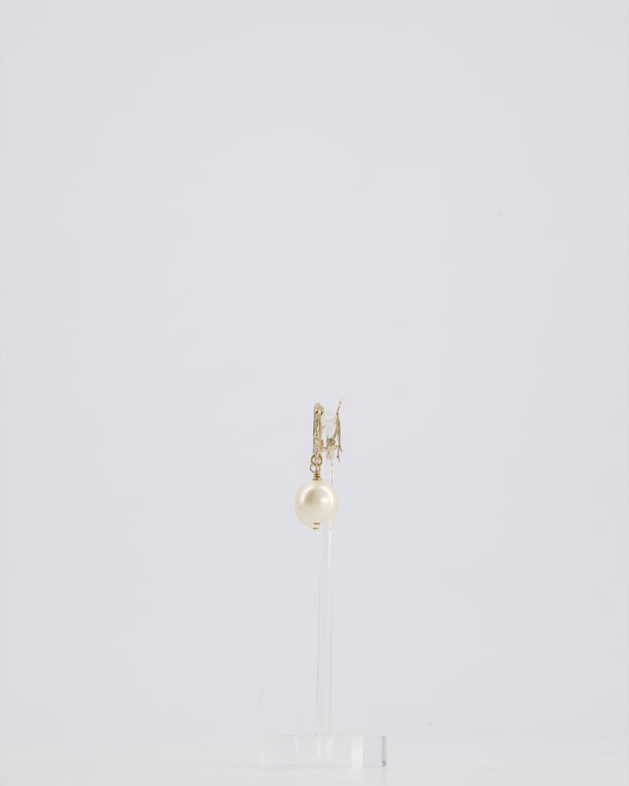 Chanel Champagne Gold and Black Enamel CC Logo Pearl Pendant Earrings
