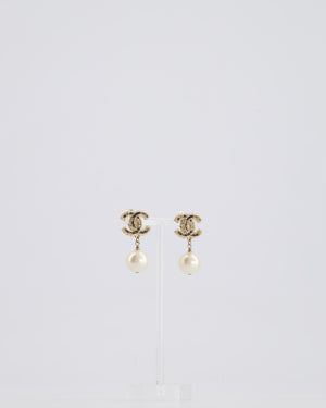 Chanel Champagne Gold and Black Enamel CC Logo Pearl Pendant Earrings