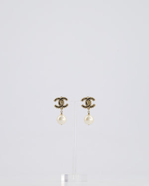 Chanel Champagne Gold and Black Enamel CC Logo Pearl Pendant Earrings