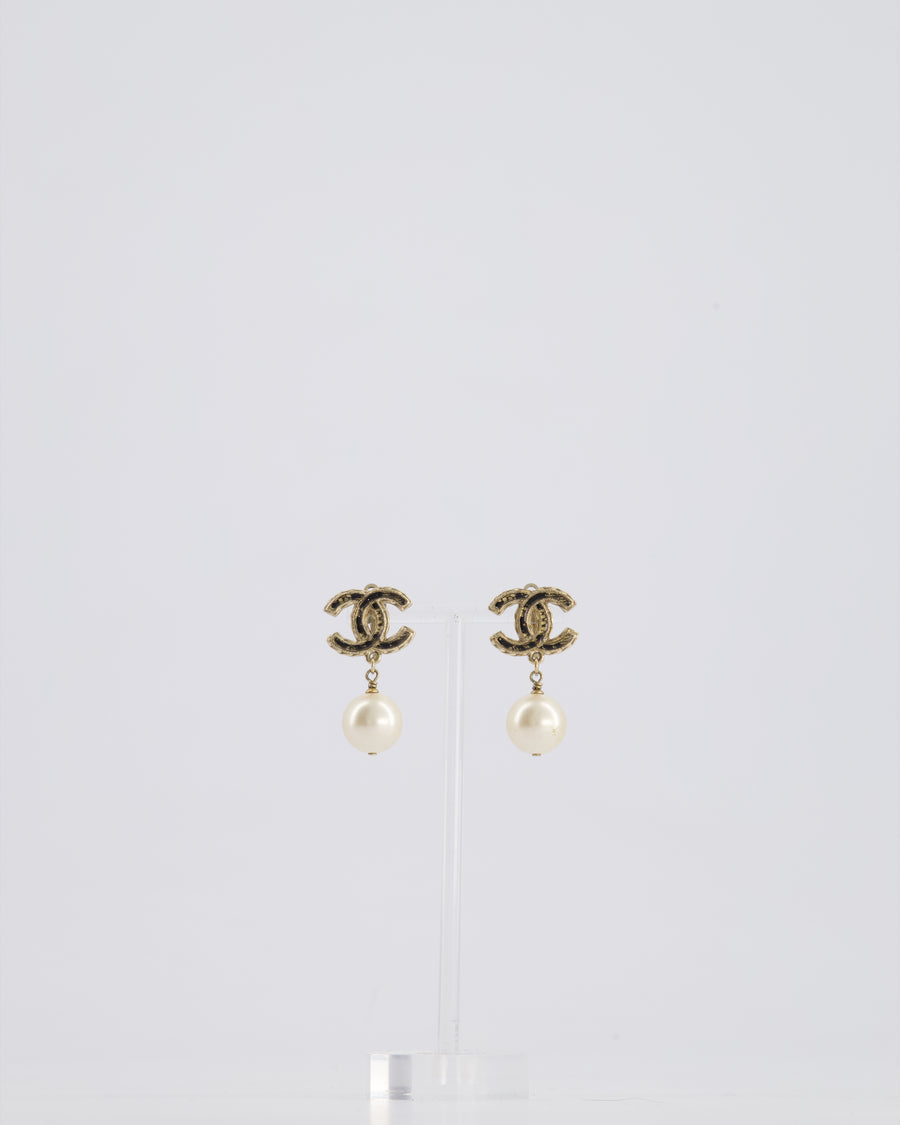 Chanel Champagne Gold and Black Enamel CC Logo Pearl Pendant Earrings