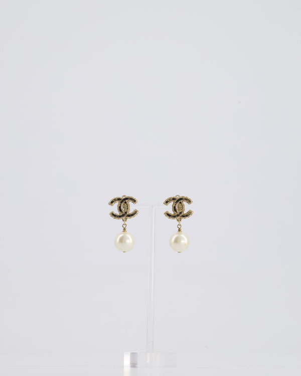 Chanel Champagne Gold and Black Enamel CC Logo Pearl Pendant Earrings