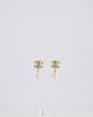 Chanel Champagne Gold and Black Enamel CC Logo Pearl Pendant Earrings