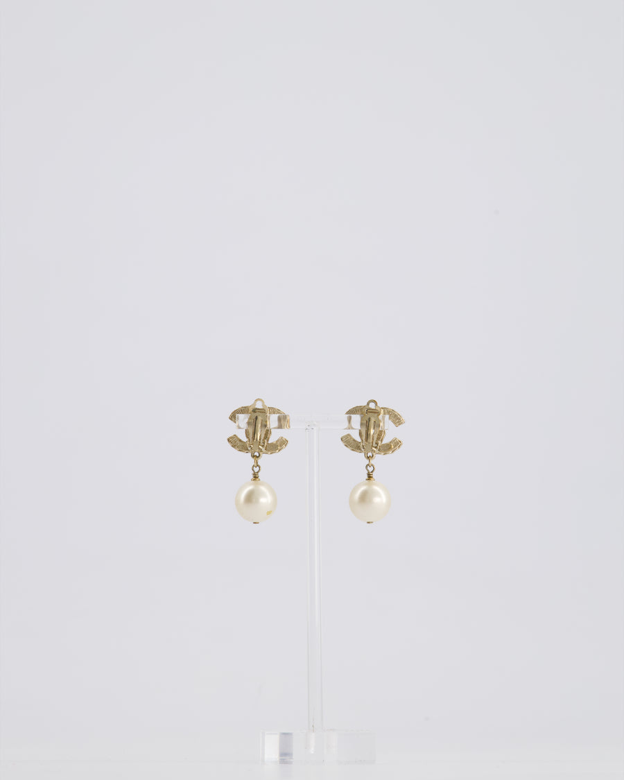 Chanel Champagne Gold and Black Enamel CC Logo Pearl Pendant Earrings