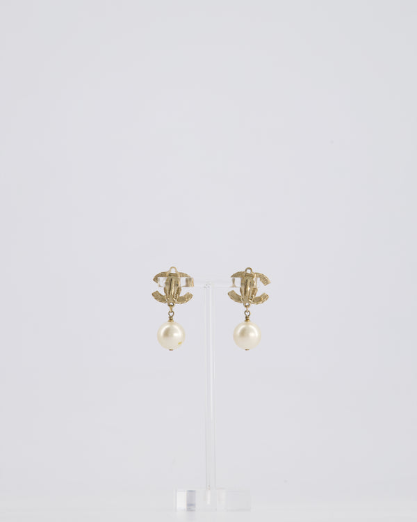 Chanel Champagne Gold and Black Enamel CC Logo Pearl Pendant Earrings