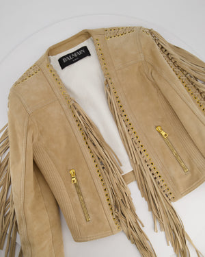 Balmain Camel Beige Suede Jacket with Fringes & Gold Zip Details Size FR 36 (UK 8)