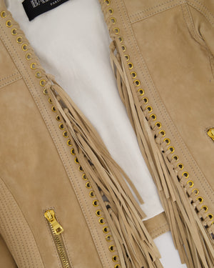 Balmain Camel Beige Suede Jacket with Fringes & Gold Zip Details Size FR 36 (UK 8)