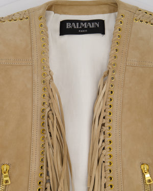 Balmain Camel Beige Suede Jacket with Fringes & Gold Zip Details Size FR 36 (UK 8)