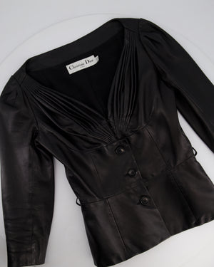 Christian Dior Black Lambskin Leather 3/4 Sleeve Top with Three Buttons Detail Size FR 38 (UK 10)