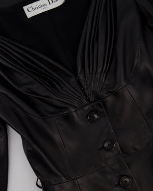 Christian Dior Black Lambskin Leather 3/4 Sleeve Top with Three Buttons Detail Size FR 38 (UK 10)