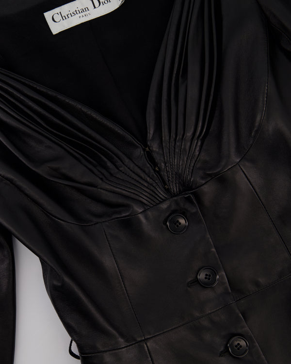 Christian Dior Black Lambskin Leather 3/4 Sleeve Top with Three Buttons Detail Size FR 38 (UK 10)