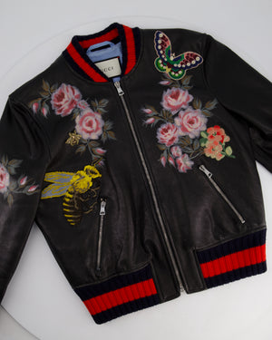 Gucci Black, Red and Navy Lambskin Leather Jacket with Flower Prints & Bees Embroidery Details Size IT 40 (UK 8)