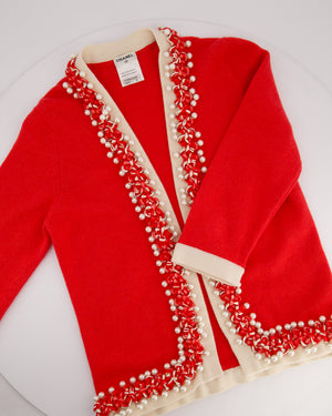Chanel 10P Red Knitted Long Sleeve Cardigan with Pearls & Cream Braided Trim Details FR 36 (UK 8)