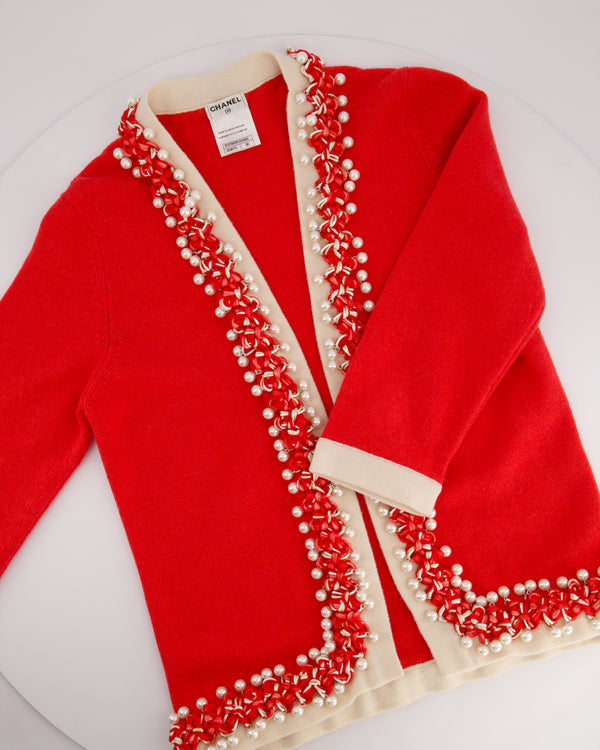 Chanel 10P Red Knitted Long Sleeve Cardigan with Pearls & Cream Braided Trim Details FR 36 (UK 8)