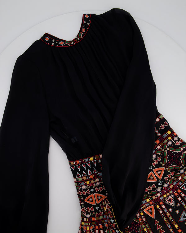 Valentino Black Silk Chiffon Mini Pleated Dress with Multicoloured Embroidery, Lace and Beading Details Lace Size UK 6
