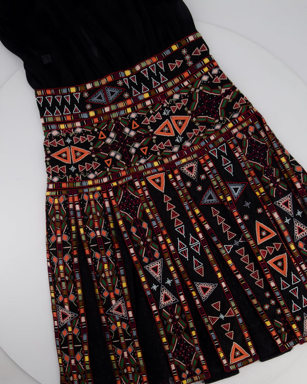 Valentino Black Silk Chiffon Mini Pleated Dress with Multicoloured Embroidery, Lace and Beading Details Lace Size UK 6