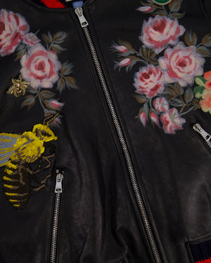 Gucci Black, Red and Navy Lambskin Leather Jacket with Flower Prints & Bees Embroidery Details Size IT 40 (UK 8)