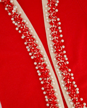 Chanel 10P Red Knitted Long Sleeve Cardigan with Pearls & Cream Braided Trim Details FR 36 (UK 8)