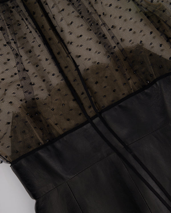 Valentino Black Long Sleeve Lace See Through Mini Dress with Leather Skirt Detail Size IT 40 (UK 8)