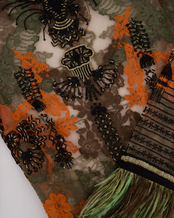 Valentino Burgundy Silk Pleated Midi Dress with Orange, Brown and Khaki Lace, Beading and Feather Detail Size UK 6