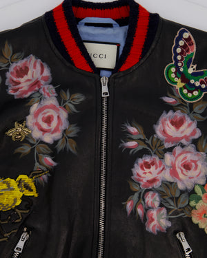 Gucci Black, Red and Navy Lambskin Leather Jacket with Flower Prints & Bees Embroidery Details Size IT 40 (UK 8)