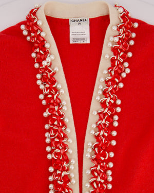 Chanel 10P Red Knitted Long Sleeve Cardigan with Pearls & Cream Braided Trim Details FR 36 (UK 8)