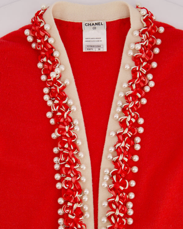 Chanel 10P Red Knitted Long Sleeve Cardigan with Pearls & Cream Braided Trim Details FR 36 (UK 8)