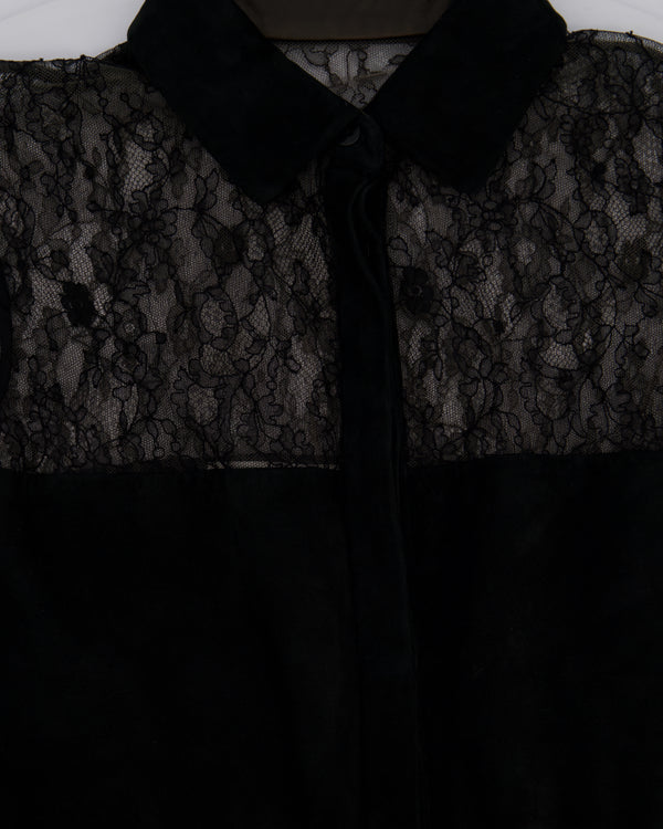 Valentino Black Mini Suede and Lace Pleated Dress with Collar Detail Cream Size UK 6