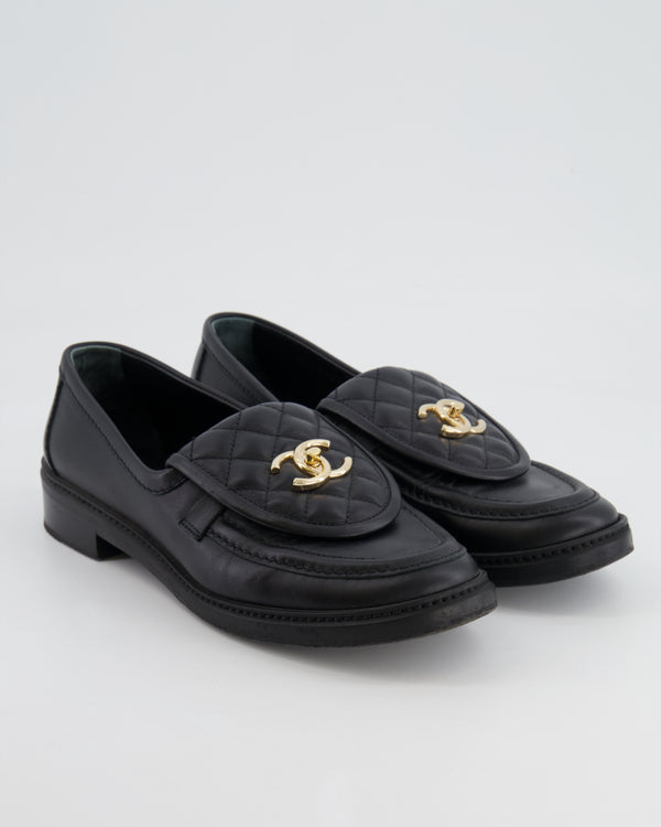 Chanel Black Leather Loafers with Champagne Gold CC Logo Size 39