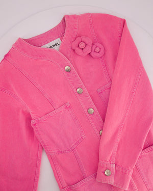 *HOT* Chanel 21S Hot Pink Denim Jacket with Detachable Camelia Brooches Detail Size FR 34 (UK 6)