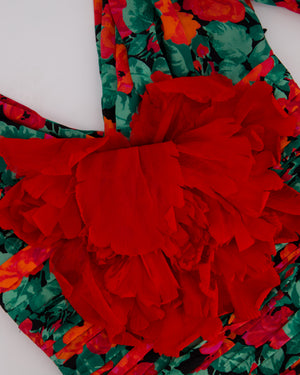 Gucci Red & Green Flower Print Mini Dress with Red Rose Appliqué Detail Size IT 38 (UK 6)