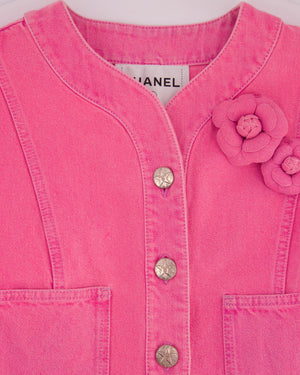 *HOT* Chanel 21S Hot Pink Denim Jacket with Detachable Camelia Brooches Detail Size FR 34 (UK 6)