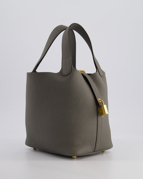 *HOT* Hermès Picotin Lock Bag 18cm in Gris Meyer Clemence Leather with Gold Hardware