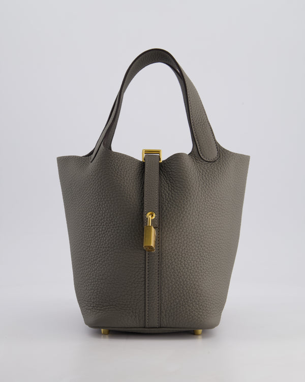 *HOT* Hermès Picotin Lock Bag 18cm in Gris Meyer Clemence Leather with Gold Hardware