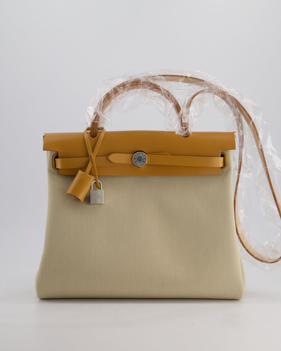 Hermès Herbag 31 Zip Bag in Beton Toile Officier Canvas, Naturel Sable Vache Hunter Leather with Palladium Hardware