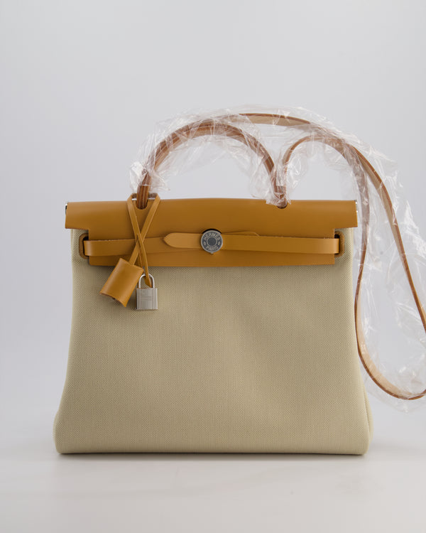 Hermès Herbag 31 Zip Bag in Beton Toile Officier Canvas, Naturel Sable Vache Hunter Leather with Palladium Hardware