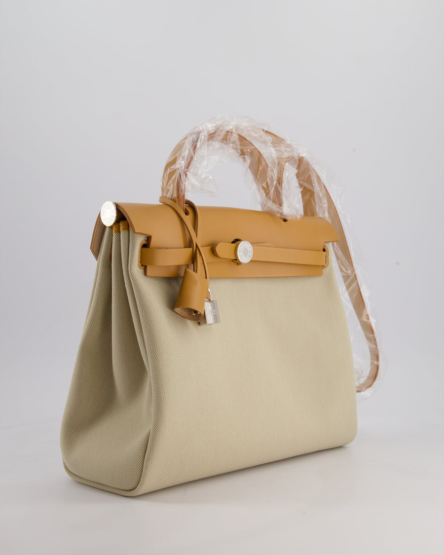 Hermès Herbag 31 Zip Bag in Beton Toile Officier Canvas, Naturel Sable Vache Hunter Leather with Palladium Hardware
