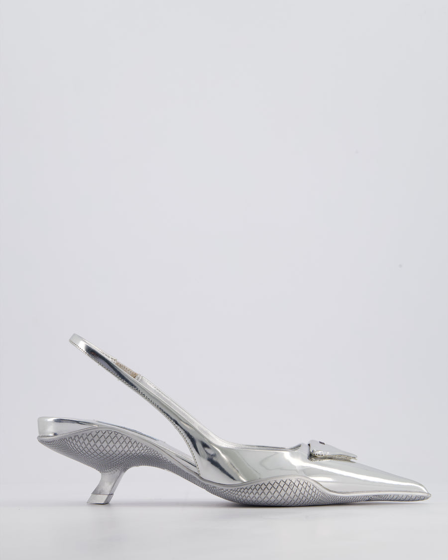 Prada Metallic Silver Kitten Heel Sling Back Pumps Size EU 36