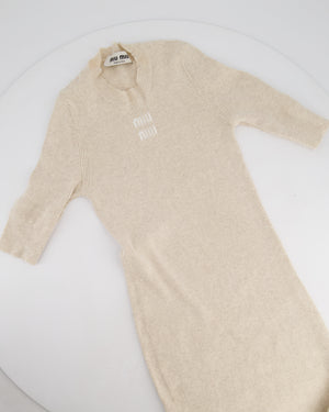 Miu Miu Beige Cotton Short Sleeve Maxi Dress With Anagram Logo Embroidery Size IT 36 (UK 4)