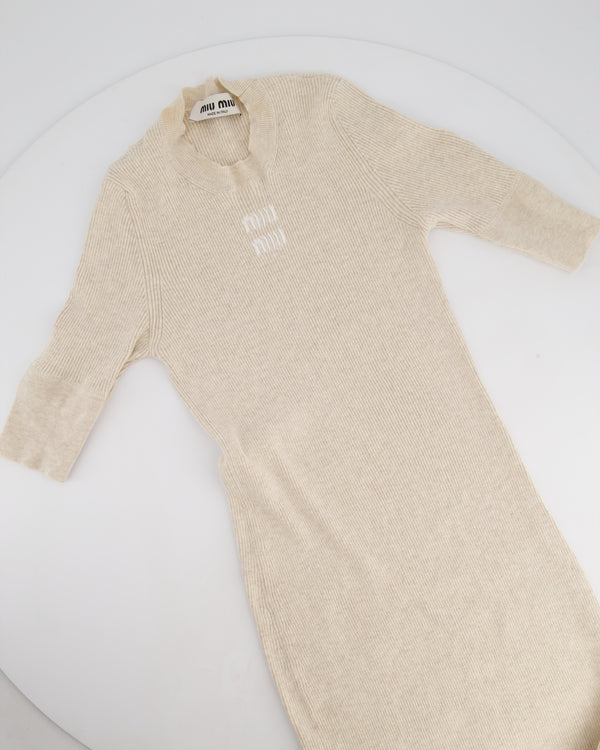 Miu Miu Beige Cotton Short Sleeve Maxi Dress With Anagram Logo Embroidery Size IT 36 (UK 4)